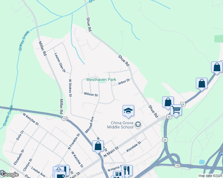map of restaurants, bars, coffee shops, grocery stores, and more near West Hillside Drive in China Grove