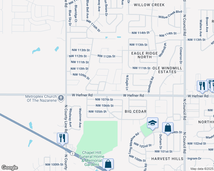 map of restaurants, bars, coffee shops, grocery stores, and more near 10916 Milford Lane in Oklahoma City