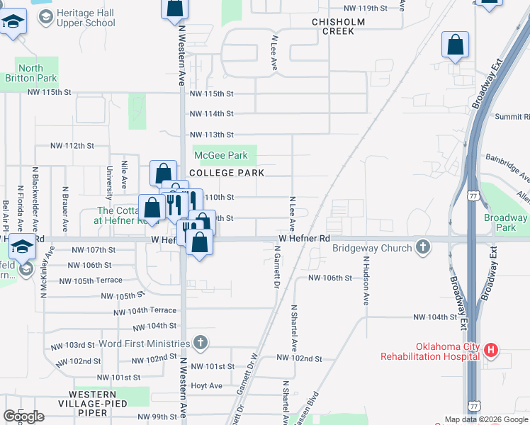map of restaurants, bars, coffee shops, grocery stores, and more near 637 Northwest 109th Street in Oklahoma City