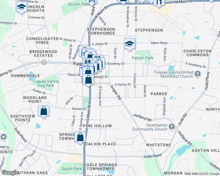 map of restaurants, bars, coffee shops, grocery stores, and more near 306 Angier Road in Fuquay-Varina