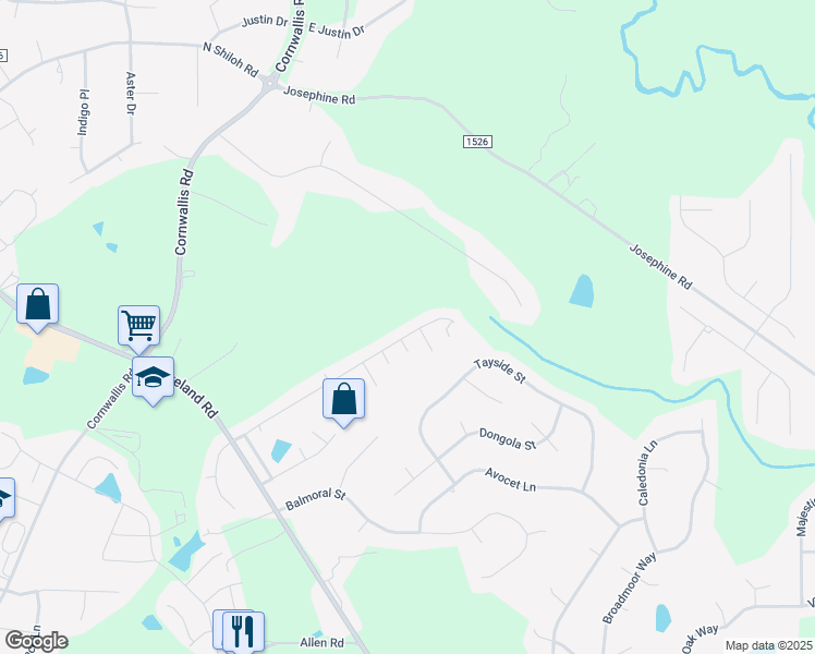 map of restaurants, bars, coffee shops, grocery stores, and more near 225 Cambridge Elm Drive in Clayton