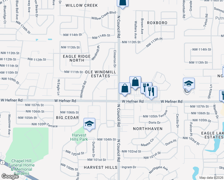 map of restaurants, bars, coffee shops, grocery stores, and more near 8005 West Hefner Road in Oklahoma City