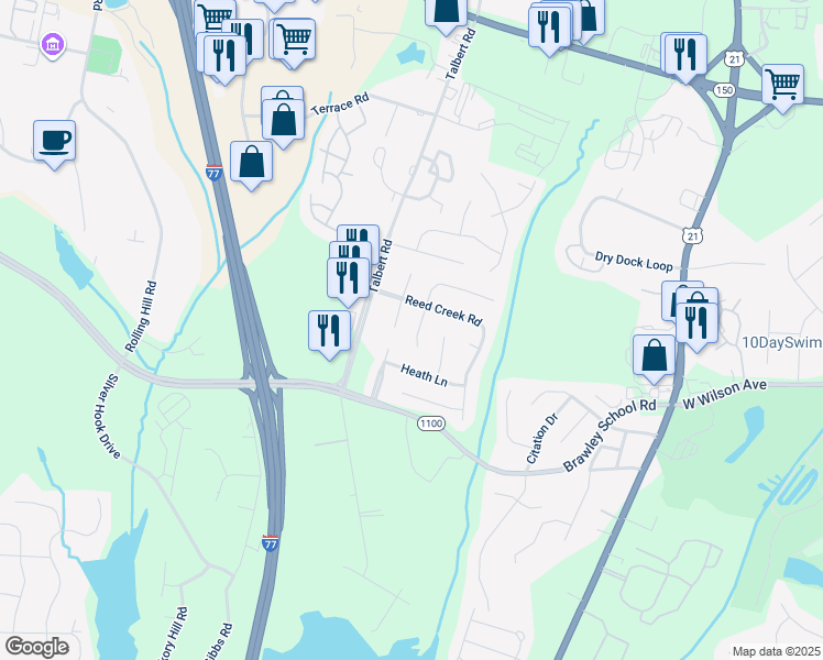 map of restaurants, bars, coffee shops, grocery stores, and more near 133 Rose Street in Mooresville