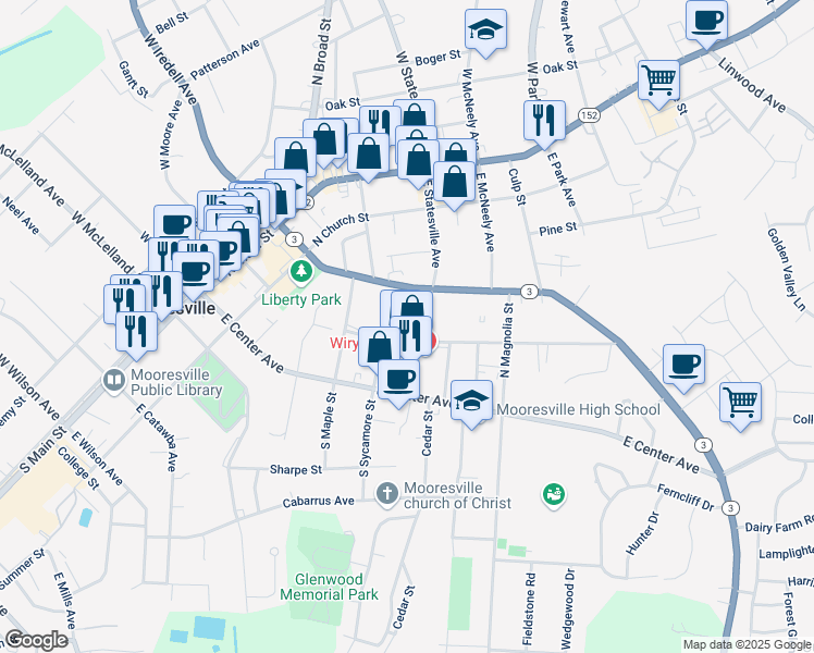 map of restaurants, bars, coffee shops, grocery stores, and more near 323 East Statesville Avenue in Mooresville