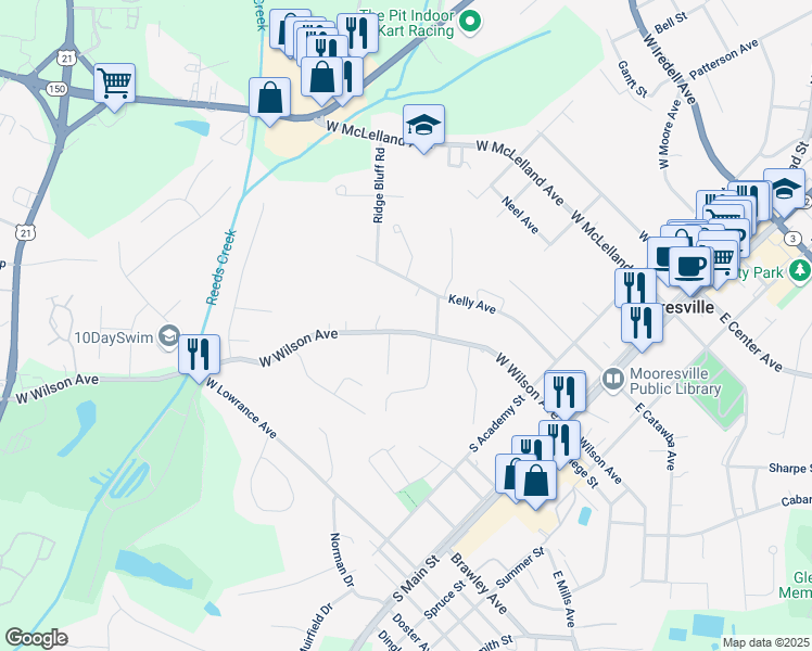 map of restaurants, bars, coffee shops, grocery stores, and more near 527 West Wilson Avenue in Mooresville