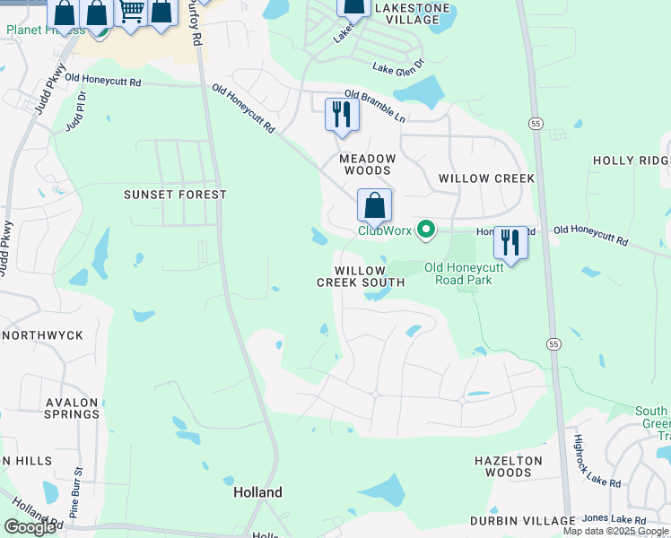 map of restaurants, bars, coffee shops, grocery stores, and more near 216 Ber Creek Drive in Fuquay Varina