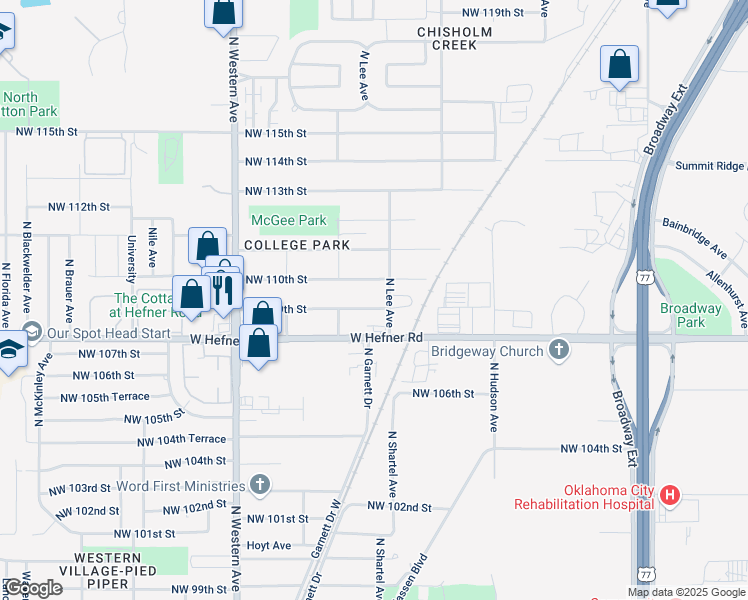 map of restaurants, bars, coffee shops, grocery stores, and more near 613 Northwest 109th Street in Oklahoma City