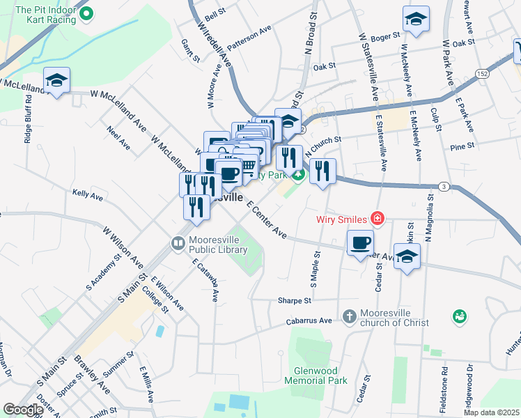 map of restaurants, bars, coffee shops, grocery stores, and more near 103 North Church Street in Mooresville