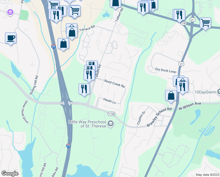 map of restaurants, bars, coffee shops, grocery stores, and more near 140 Rose Street in Mooresville
