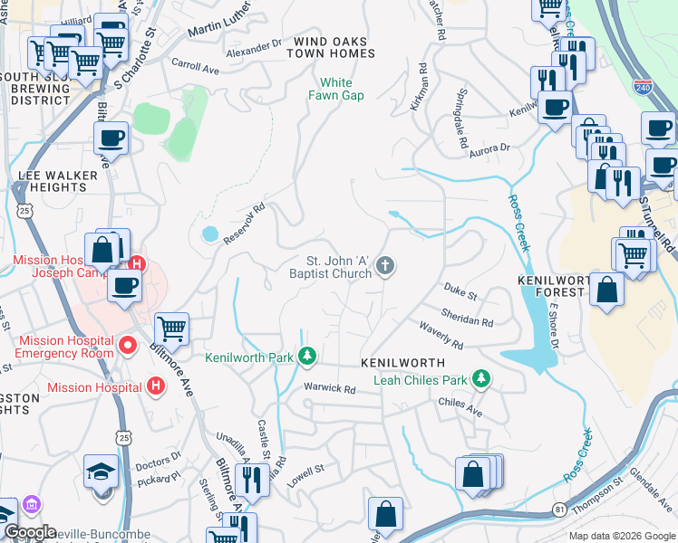 map of restaurants, bars, coffee shops, grocery stores, and more near 4 Samuel Ashe Drive in Asheville
