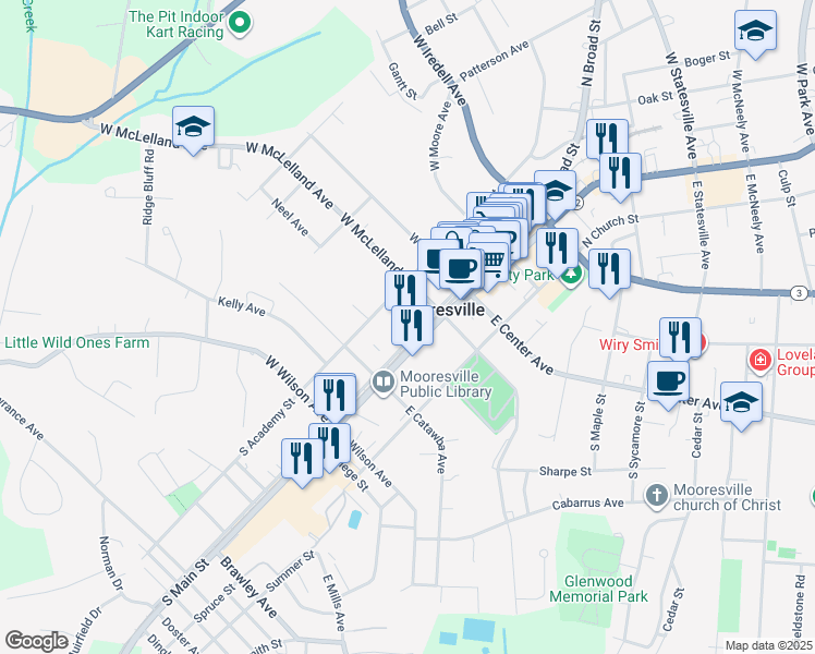 map of restaurants, bars, coffee shops, grocery stores, and more near 225 South Broad Street in Mooresville