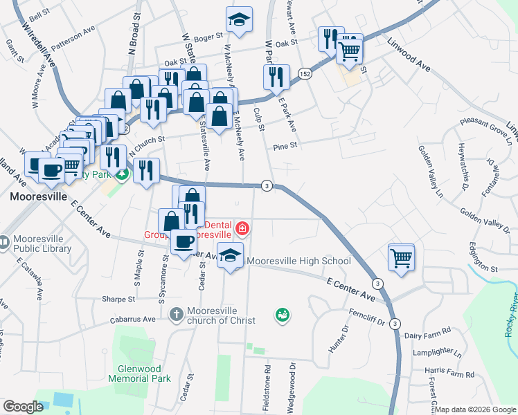 map of restaurants, bars, coffee shops, grocery stores, and more near 209 North Magnolia Street in Mooresville