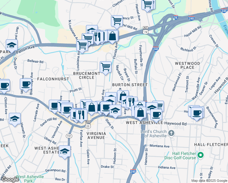 map of restaurants, bars, coffee shops, grocery stores, and more near 103 Martin Avenue in Asheville