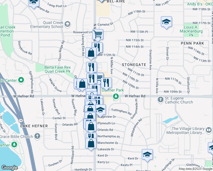 map of restaurants, bars, coffee shops, grocery stores, and more near 10908 North May Avenue in Oklahoma City