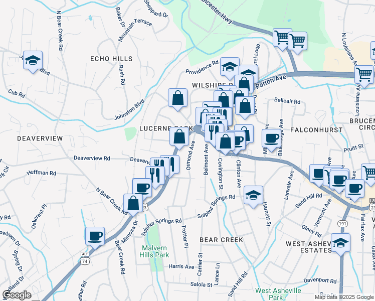 map of restaurants, bars, coffee shops, grocery stores, and more near 39 Ormond Avenue in Asheville