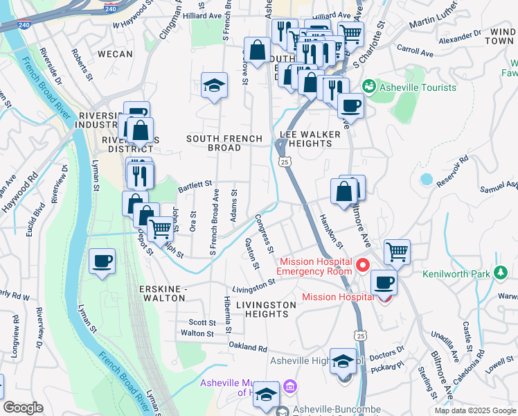 map of restaurants, bars, coffee shops, grocery stores, and more near 122 Choctaw Street in Asheville