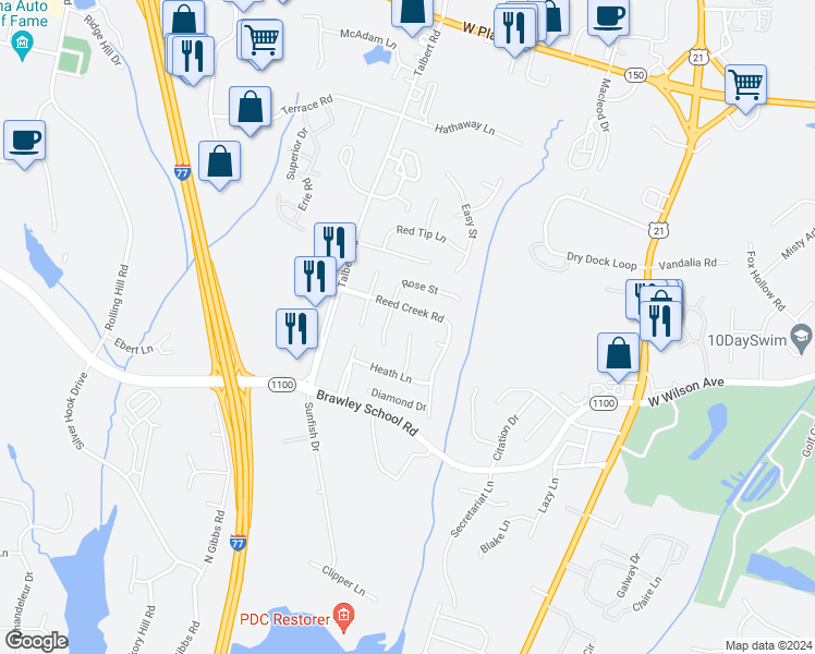 map of restaurants, bars, coffee shops, grocery stores, and more near 148 Eagle Court in Mooresville