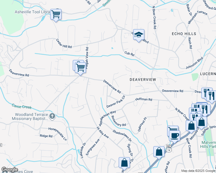 map of restaurants, bars, coffee shops, grocery stores, and more near 100 Deaver Park Circle in Asheville
