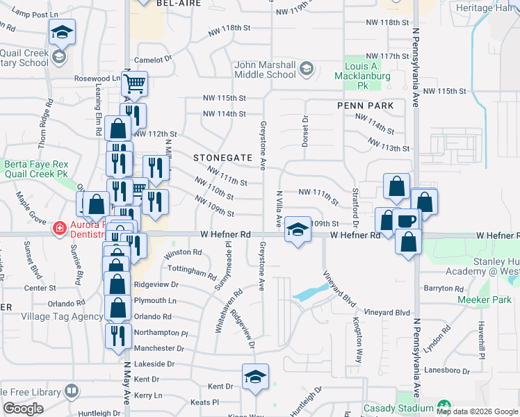map of restaurants, bars, coffee shops, grocery stores, and more near 11004 Greystone Avenue in Oklahoma City