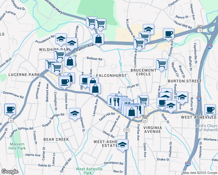 map of restaurants, bars, coffee shops, grocery stores, and more near 58 Oakwood Street in Asheville
