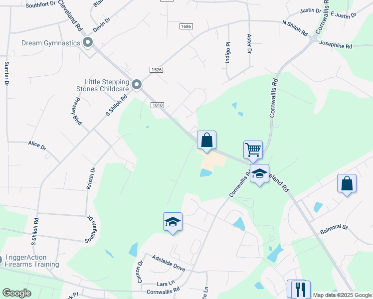 map of restaurants, bars, coffee shops, grocery stores, and more near 38 Langdon Pointe Drive in Garner