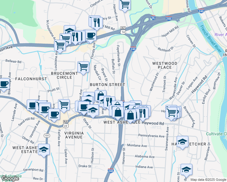 map of restaurants, bars, coffee shops, grocery stores, and more near 100 Burton Street in Asheville