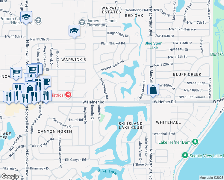 map of restaurants, bars, coffee shops, grocery stores, and more near 11009 Blue Stem Back Road in Oklahoma City