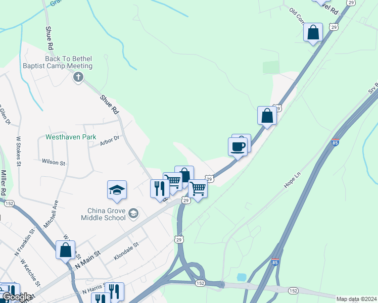 map of restaurants, bars, coffee shops, grocery stores, and more near 265 Red Fox Lane in China Grove