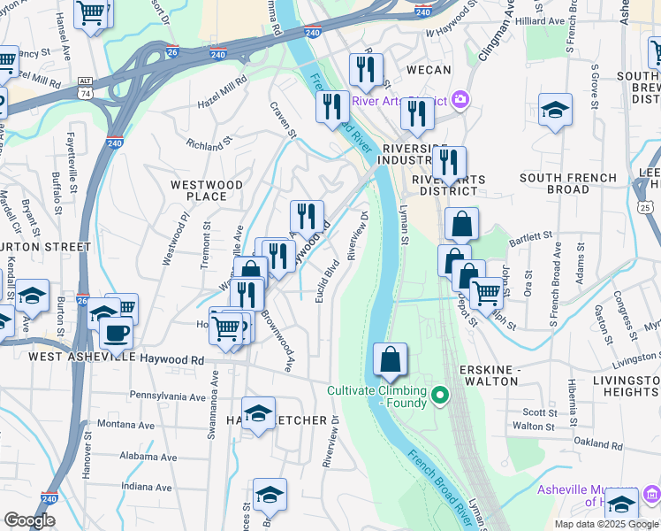 map of restaurants, bars, coffee shops, grocery stores, and more near 49 Euclid Boulevard in Asheville