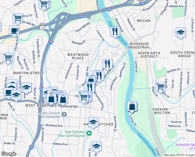 map of restaurants, bars, coffee shops, grocery stores, and more near 160 Logan Avenue in Asheville