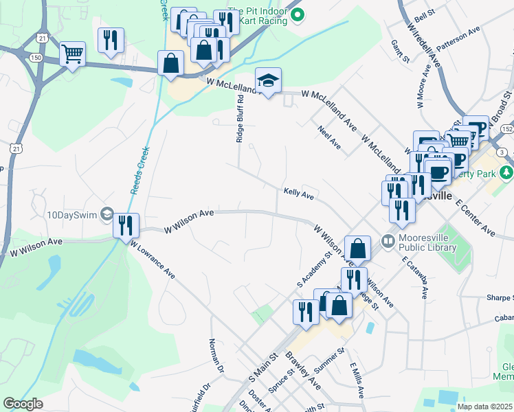 map of restaurants, bars, coffee shops, grocery stores, and more near 527 West Wilson Avenue in Mooresville