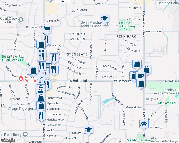 map of restaurants, bars, coffee shops, grocery stores, and more near 11004 Greystone Avenue in Oklahoma City