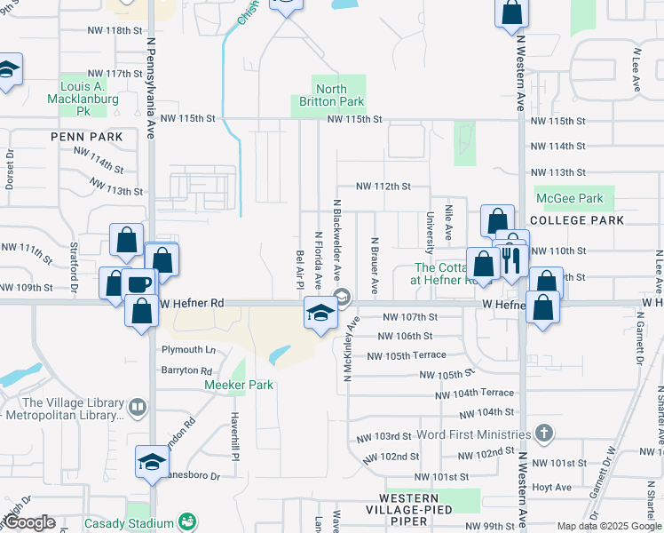 map of restaurants, bars, coffee shops, grocery stores, and more near 11009 North Blackwelder Avenue in Oklahoma City