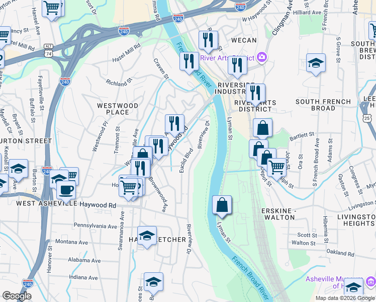 map of restaurants, bars, coffee shops, grocery stores, and more near 49 Euclid Boulevard in Asheville