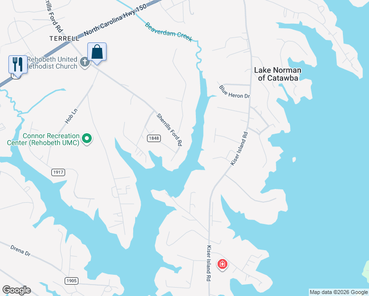map of restaurants, bars, coffee shops, grocery stores, and more near 9490 Sherrills Ford Road in Lake Norman of Catawba