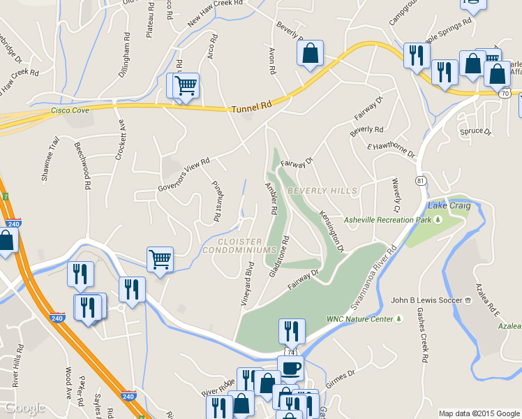 map of restaurants, bars, coffee shops, grocery stores, and more near 3303 Saint Augustine Place in Asheville