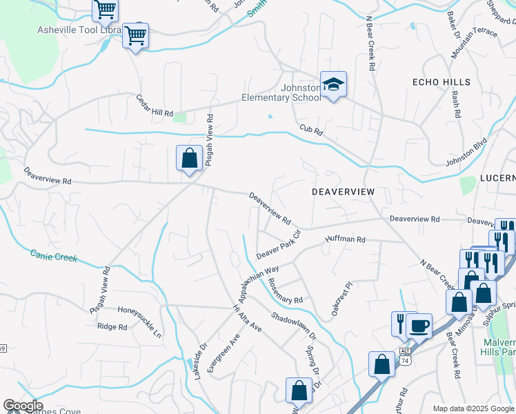 map of restaurants, bars, coffee shops, grocery stores, and more near 100 Deaver Park Circle in Asheville
