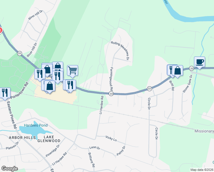 map of restaurants, bars, coffee shops, grocery stores, and more near 446 Farmingwood Rd in Greenville