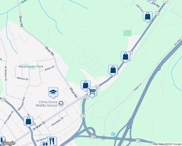 map of restaurants, bars, coffee shops, grocery stores, and more near 215 Red Fox Lane in China Grove