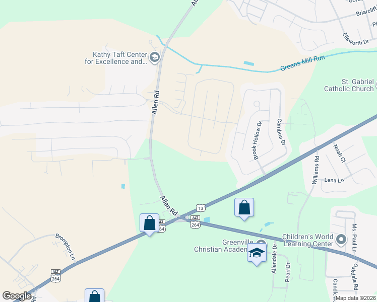 map of restaurants, bars, coffee shops, grocery stores, and more near 2240 Brookville Drive in Greenville