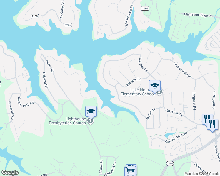 map of restaurants, bars, coffee shops, grocery stores, and more near 506 Oak Tree Road in Mooresville