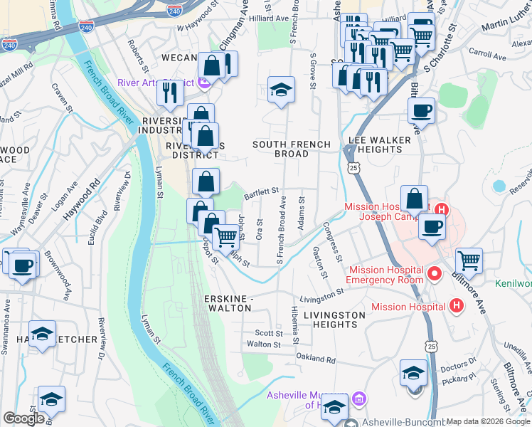 map of restaurants, bars, coffee shops, grocery stores, and more near 345 South French Broad Avenue in Asheville