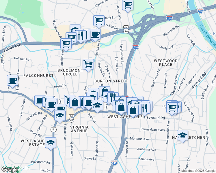 map of restaurants, bars, coffee shops, grocery stores, and more near 5 Regan Lane in Asheville