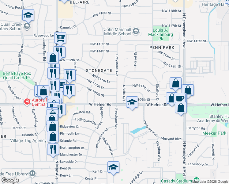 map of restaurants, bars, coffee shops, grocery stores, and more near 11004 Greystone Avenue in Oklahoma City