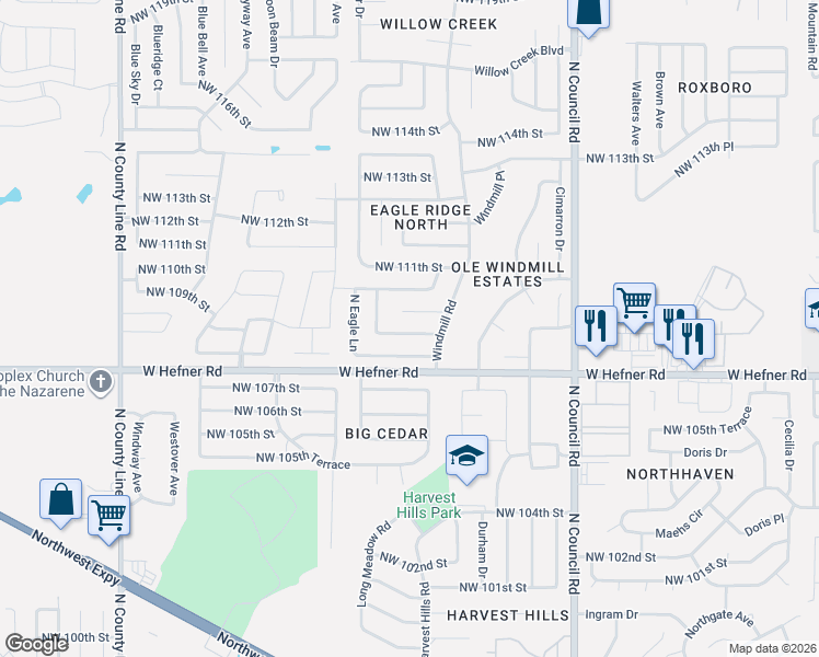 map of restaurants, bars, coffee shops, grocery stores, and more near 8309 Northwest 109th Terrace in Oklahoma City