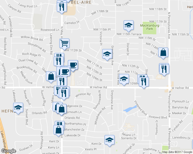 map of restaurants, bars, coffee shops, grocery stores, and more near 2609 Northwest 109th Street in Oklahoma City