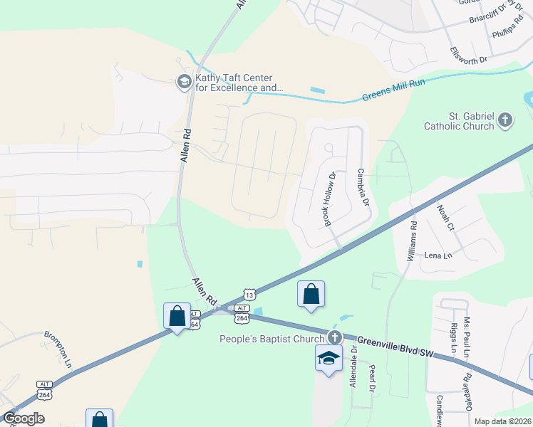 map of restaurants, bars, coffee shops, grocery stores, and more near 2309 Brookville Drive in Greenville