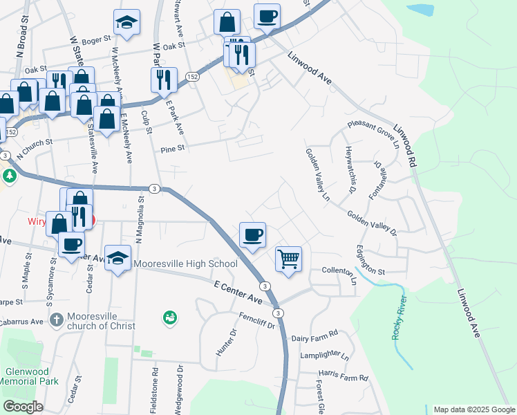 map of restaurants, bars, coffee shops, grocery stores, and more near 107 Queensway Lane in Mooresville