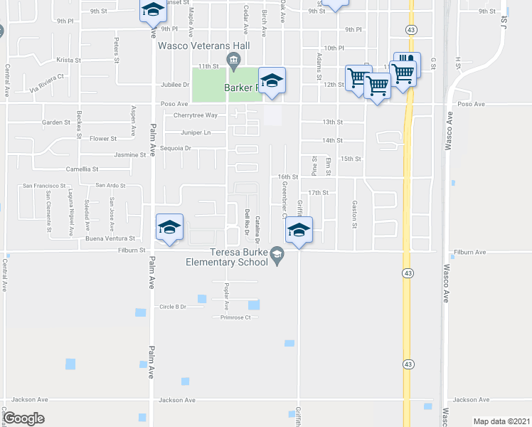 map of restaurants, bars, coffee shops, grocery stores, and more near 1897 Shamrock Court in Wasco
