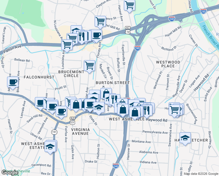 map of restaurants, bars, coffee shops, grocery stores, and more near 5 Regan Lane in Asheville